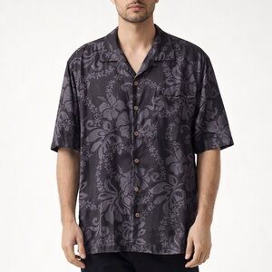 Tommy Bahama 100% Silk Black Gray Hawaiian Aloha Button Down Shirt Size Medium